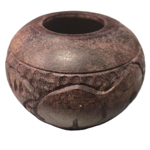 Vintage Charming Small Hand-Carved Wooden Bowl w/Elephants Decorative Dish - Picture 1 of 7